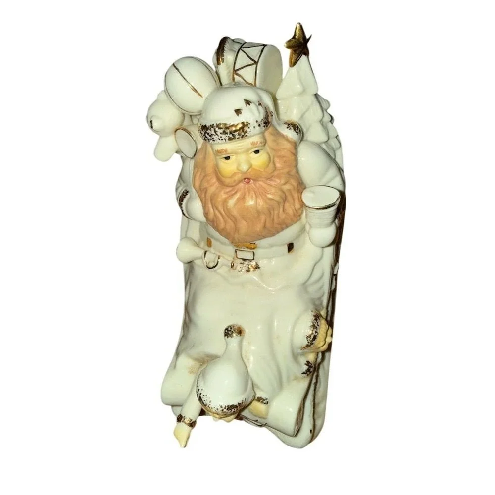Vintage Baum Bros Santa Sleigh Music Box Ivory &‎ Gold Holiday Decor